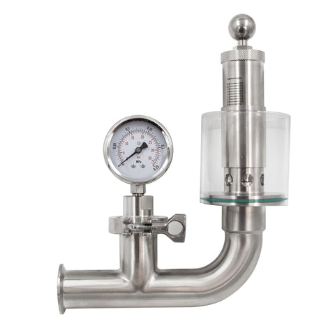 Stainless Steel Tri-Clover Spunding Valve With Pressure Gauge - 1.5" TC - ADJ. PRV (0 - 35 PSI)